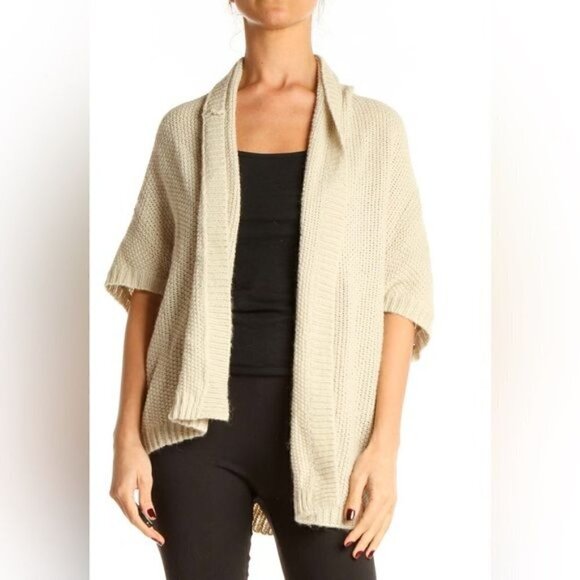 Ann Taylor Knit Cardigan Soft Alpaca Wool Open Front Short Sleeve Neutral Taupe - Picture 9 of 9